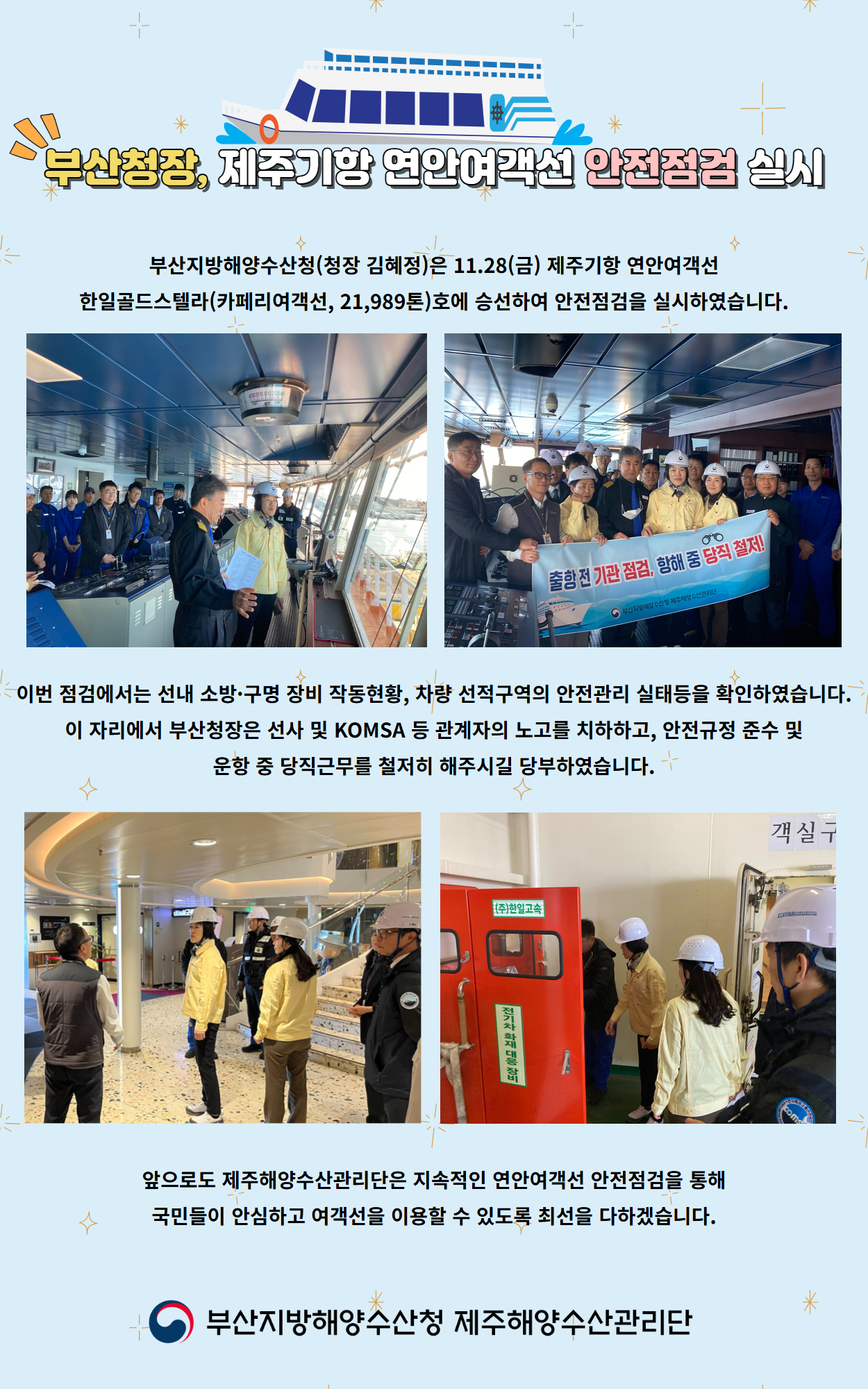 부산청장, 제주기항 연안여객선 안전점검 실시

부산지방해양수산청(청장 김혜정)은 11.28(금) 제주기항 연안여객선
한일골드스텔라(카페리여객선, 21,989톤)호에 승선하여 안전점검을 실시하였습니다.

이번 점검에서는 선내 소방,구명 장비 작동현황, 차량 선적구역의 안전관리 실태 등을 확인하였습니다.
이 자리에서 부산청장은 선사 및 KOMSA 등 관계자의 노고를 치하하고, 안전규정 준수 및
운항 중 당직근무를 철저히 해주시길 당부하였습니다.

앞으로도 제주해양수산관리단은 지속적인 연안여객선 안전점검을 통해
국민들이 안심하고 여객선을 이용할 수 있도록 최선을 다하겠습니다.