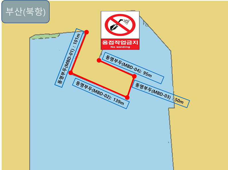부산[북항] - 동명부두(MBD-01):101m / 동명부두(MBD-02):139m / 동명부두(MBD-03):50m / 동명부두(MBD-04):95m (용접작업금지)