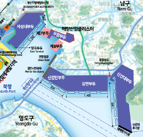 영도구와 남도구 중심에 위치한 자성대부두, 우암부두, 신감만부두, 감만부두, 신선대부두